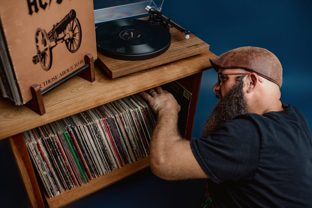 Digging through a crate of vinyl records
